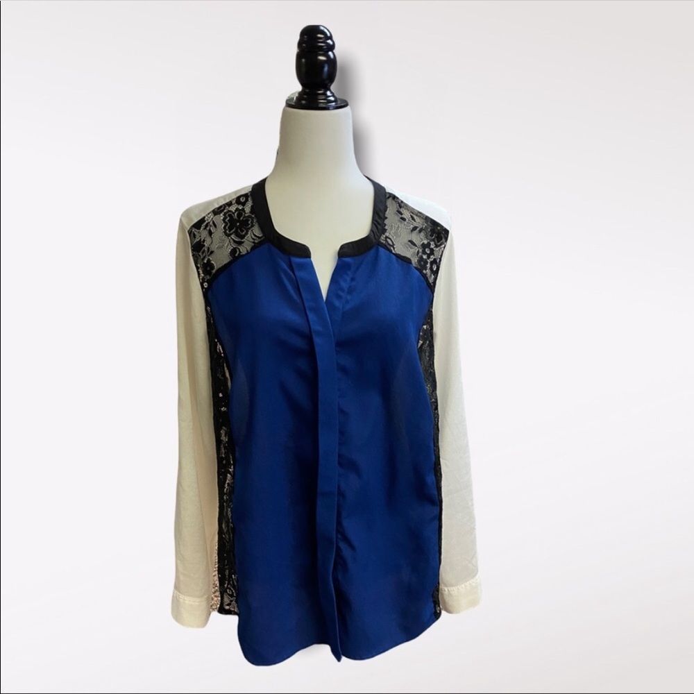 RICKI'S | Women's Blue and Lace Long Sleeve Blouse - Picture 1 of 4
